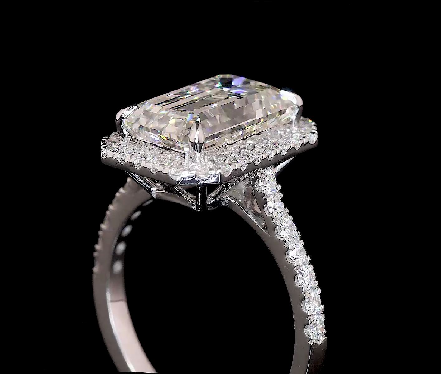 Emerald Cut Diamond Halo Engagement Ring in White Gold |Solitaire Ring