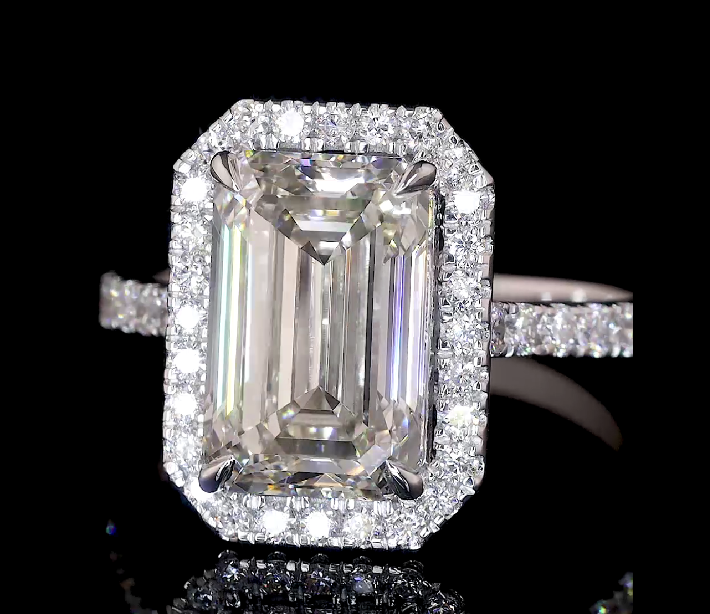 Emerald Cut Diamond Halo Engagement Ring in White Gold |Solitaire Ring