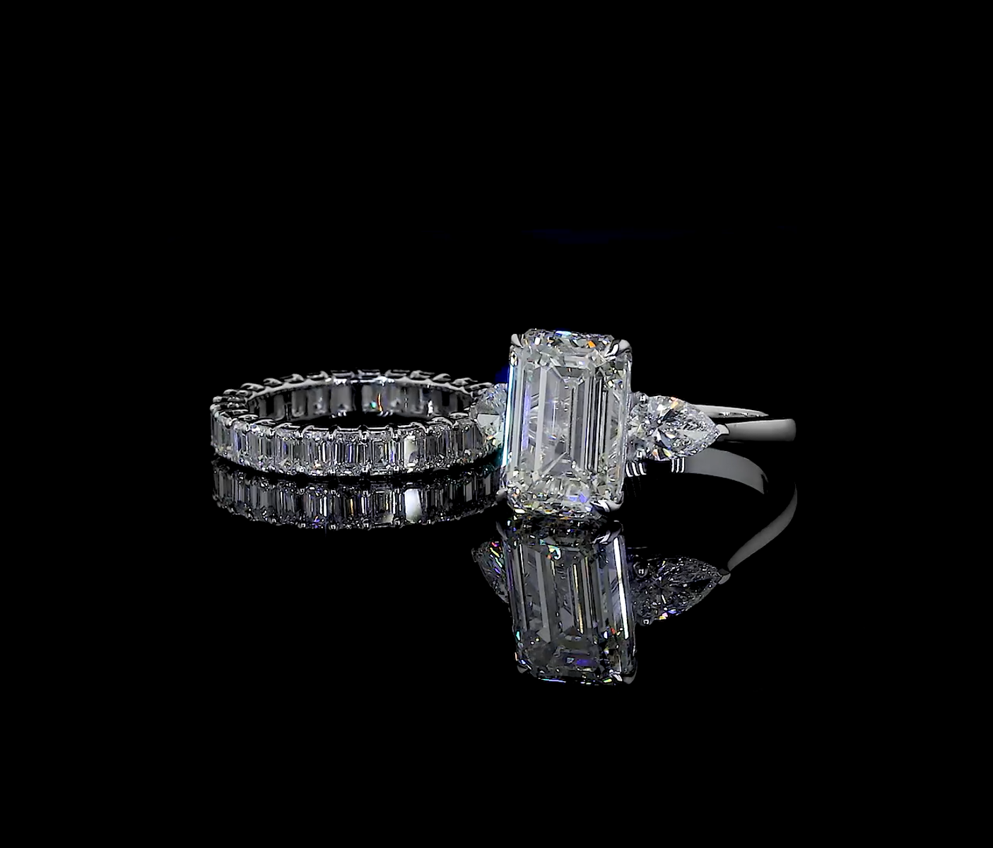 Emerald Diamond Solitaire ring with Emerald Eternity Wedding Band | Classic Ring set